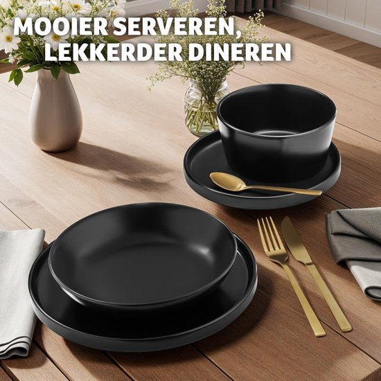 tectake® Service de table Una - 24 pièces - Faïence 6 personnes - Elégant, durable et idéal pour un usage quotidien ou des occasions festives - Grandes et petites assiettes, bols/plats - noir mat