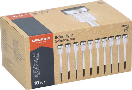 Grundig Solar Garden Lights - Torches de jardin 10 Pieces - Solar Power Prick Spot - Lanternes de jardin avec lumière blanche - IP44 Water Resistant - Battery Life 6-8 Hours - Ø4,8 x 36,5 cm - Acier inoxydable