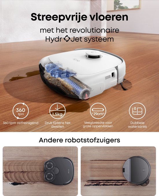 eufy Robot Aspirateur Omni E25, système de balayage HydroJet, puissance d'aspiration de 20 000 Pa, brosses DuoSpiral qui démêlent, bras CornerRover pour nettoyer les coins, station tout-en-un, pour les familles avec animaux et enfants.