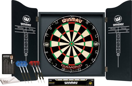 WINMAU - Jeu de fléchettes professionnel avec plateau de fléchettes Diamond Plus Bristle, cabinet noir, avec 2 jeux de fléchettes et ligne d'oche officielle