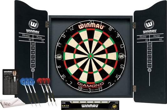 WINMAU - Jeu de fléchettes professionnel avec plateau de fléchettes Diamond Plus Bristle, cabinet noir, avec 2 jeux de fléchettes et ligne d'oche officielle