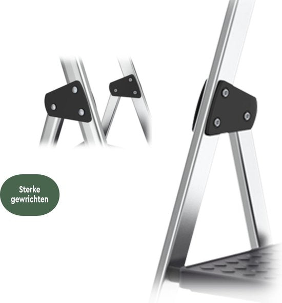 BRASQ Escabeau ménager 4 marches Silver - escabeau de cuisine pliant en aluminium pour usage privé et professionnel - Echelle - Antidérapant