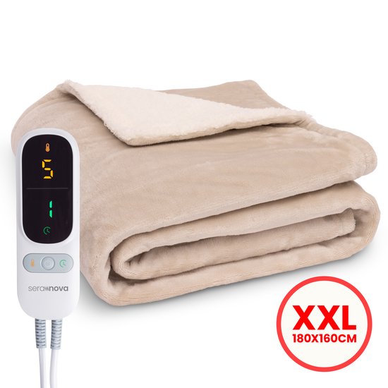 Seranova Couverture électrique XXL - Fils chauffants supplémentaires - Modèle Premium - 180x160 cm - Couverture chauffante pour 2 personnes - Sherpa polaire double face - Crème beige