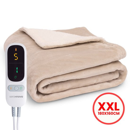 Seranova Couverture électrique XXL - Fils chauffants supplémentaires - Modèle Premium - 180x160 cm - Couverture chauffante pour 2 personnes - Sherpa polaire double face - Crème beige
