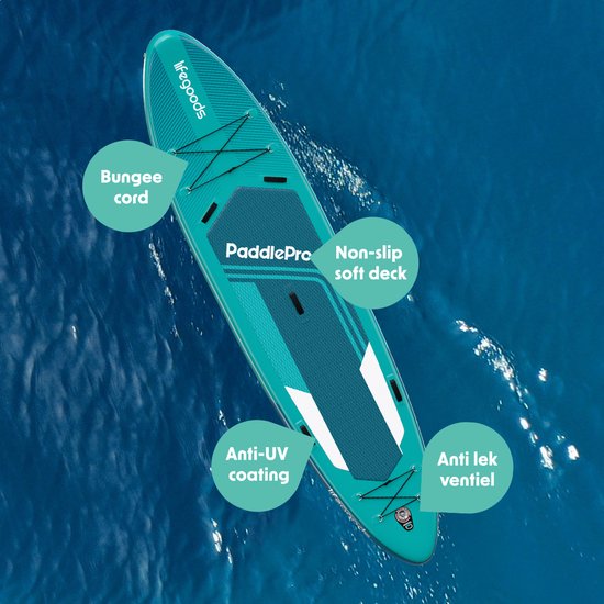Paddle Tandem LifeGoods - 2 personnes - 220 KG de capacité de charge - 381 x 86 cm - Gonflable - Pack Sup complet - Bleu