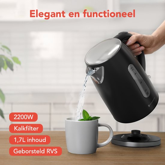 KitchenBrothers Bouilloire - Électrique - 1,7L - 2200W - acier inoxydable Bouilloire - Noir