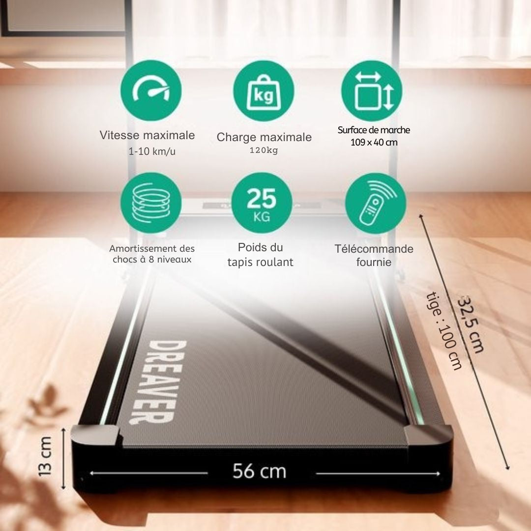 2-en-1 Tapis de course pliable Dreaver - 1-10km/h - Comprend un tapis de protection et un livre électronique - Tapis de marche - Pour la maison - Électrique - Pliable - noir