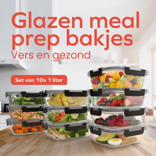 KitchenBrothers Meal Prep Trays - Plateaux fraîcheur en verre - hermétique - sans BPA ni PFAS - 1L - verre - 10 pièces