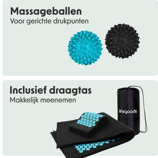 LifeGoods Tapis d'acupression XL - avec coussin - Tapis Shakti - Tapis pour les ongles avec 2 balles pour les points de déclenchement - 128x48x2cm - Noir/Turquoise