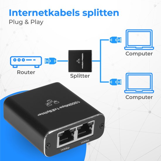 Nuvance - Répartiteur Internet - 2 Ports - Commutateur réseau - jusqu'à 1000Mbps - Répartiteur réseau - RJ45, Cat5, Cat6, LAN, UTP, Répartiteur Ethernet - Noir