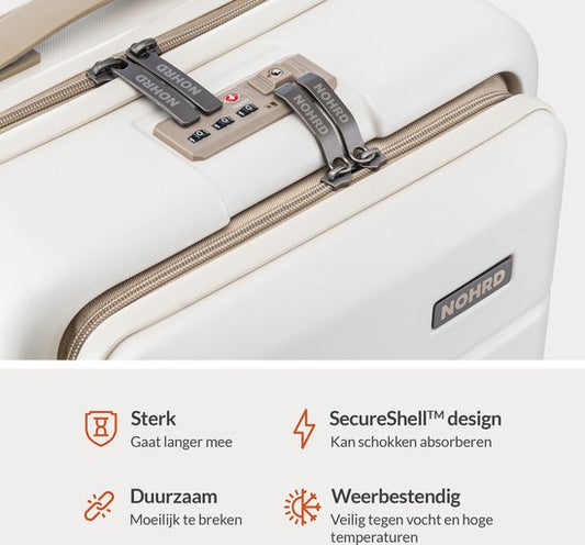Nohrd Hand Luggage Suitcase 35 L - Spinner Wheels - Trolley Lightweight - Double TSA Lock - Travel Suitcase - Handy Front Pocket - Ivory