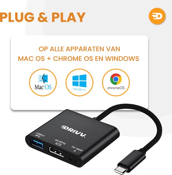 Drivv. Adaptateur USB C vers HDMI 3 en 1 - HDMI 4K 60hz - USB 3.0 - PDW 100w - Noir