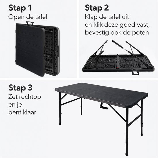 LifeGoods Table pliante - 124x61.5 cm - Table pliante robuste - Résiste aux intempéries - Table de salle à manger pliante - Table de camping - Table pliante pour l'intérieur et l'extérieur - Grain de bois noir