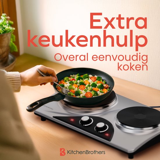 KitchenBrothers Table de cuisson électrique - 2 brûleurs - pose libre - 7 niveaux de température - 1500W + 1000W - inox/noir