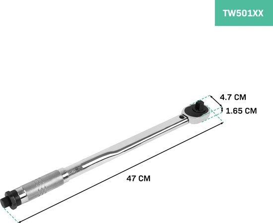 Clé dynamométrique VONROC ½" - 470mm - 28-210Nm - Comprend un jeu de 3 douilles, une rallonge et un réducteur/adaptateur