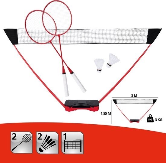 Donnay Set de Badminton - 2 personnes - Raquettes de badminton - Volants - Filet de badminton - Mallette de transport incluse - Noir/Rouge