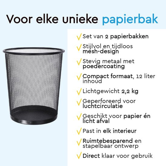 BRASQ 2x Paper Bin Round - Black - 12 Liter - Trash can - Garbage can - Waste bin - Paper basket - Metal - Set of 2