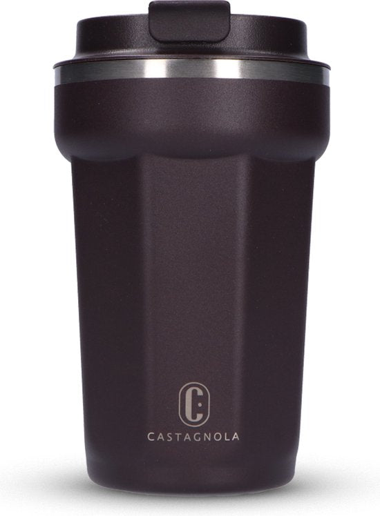 Castagnola Thermos Cup - Coffee Mug To Go - Travel Mug for Coffee and Tea - Tea Mug - 380 ML - Stainless Steel - Brown - Octagon