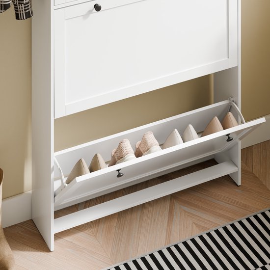 SoBuy - Meuble à chaussures avec 1 tiroir - 80 x 19 x 107 cm & avec 2 portes basculantes - équipé d'un système anti-basculement et de pieds en silicone - pour les couloirs et entrées étroits - Mdf blanc