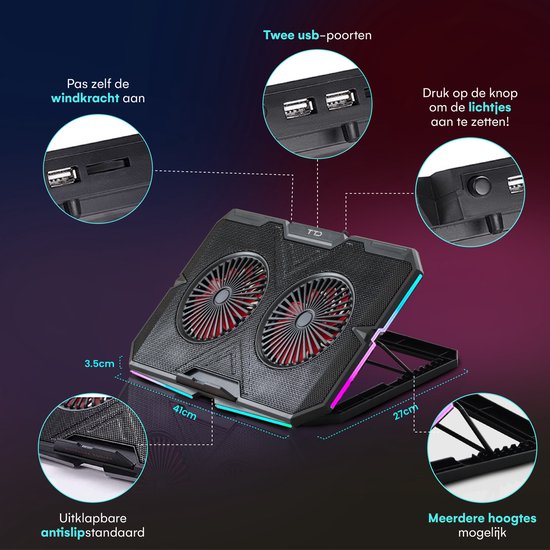 TTD® Premium Laptop Cooler and Adjustable Laptop Raiser - Support pour ordinateur portable réglable - Vitesse de rotation jusqu'à plus de 2400 RPM - Cooling Pad pour ordinateur portable de jeu - Jusqu'à 17 pouces - Port USB supplémentaire - Noir