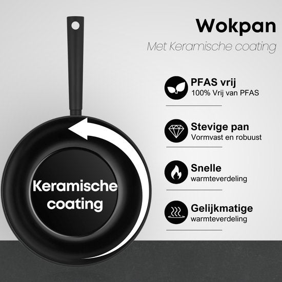 Savore Kitchen Wok pan Ø 28 cm - Induction - Sans PFAS - Revêtement antiadhésif en céramique - Wok Pan - Poêles à wok