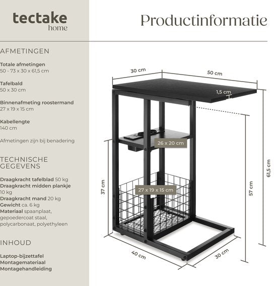 tectake® Table pour ordinateur portable avec station de charge - Prise de courant incluse - Table pour ordinateur en forme de C - Table d'appoint - Table de chevet - Avec porte-journaux et étagère supplémentaire - Noir