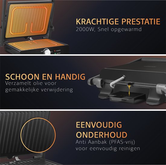 JAP Appliances Caligrill - Gril de contact (2000W) avec indicateur de température - 180°C Dépliable - Avec bac à graisse - <30 secondes pour chauffer - Noir