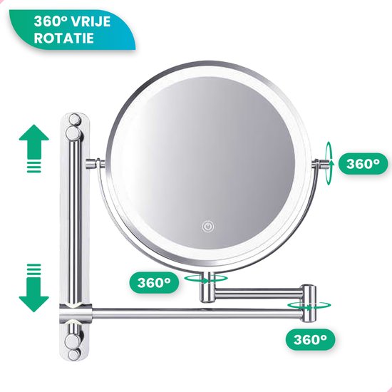 Mirlux Miroir de maquillage avec éclairage Led - rechargeable - grossissement 7X - Miroir grossissant avec lumière - Miroir de rasage - Miroir de salle de bain - Chrome