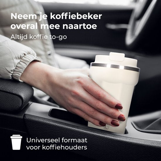 Mug thermos Castagnola - Tasse à café à emporter - Mug de voyage pour le café et le thé - Mug à thé - 380 ML - Acier inoxydable - Blanc cassé - Octogone
