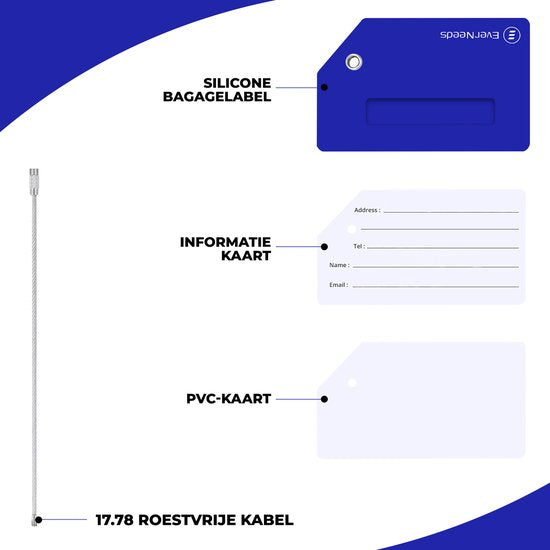 EverNeeds Etiquette de bagage - Silicone - Etiquette de bagage pour valises - Etiquettes de bagage - Bleu - 5 pièces