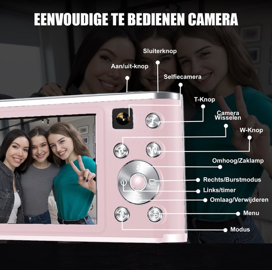 K&L Digital Camera 4K - Caméra fixe - Caméra photo - Caméra compacte - Caméra Vlog - Pour les enfants - Comprend 64 Go - NL Software - Rose