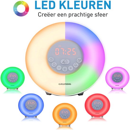 Réveil lumineux - Grundig - avec radio FM - Réveil lumière avec simulation lever de soleil - Réveil Numérique - 10 sons naturels