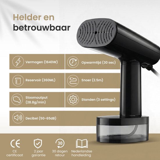 Vapore Clothes Steamer - Handheld Steamer 1640W - with Collapsible Hanger & Storage Bag - Steamer 360ML - Steamer for Clothes and Furniture - 2.5m Cord - Travel Kit