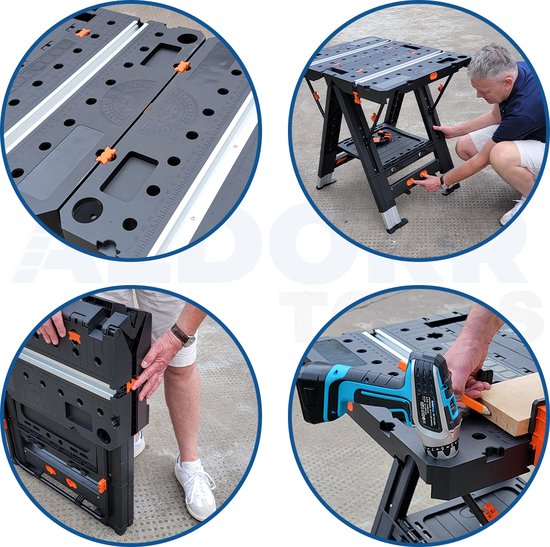 Établi pliant professionnel Aldorr - Table de travail réglable avec capacité de charge de 450 kg - Construction robuste et stable - Compact et léger - Idéal pour scier, percer et divers travaux de bricolage