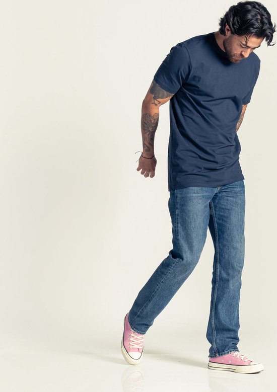 LEBASQ - T-shirt Miles' pour homme - 3 packs - avec col rond - Extra long - Convient comme maillot de corps - Bleu - M - Coton