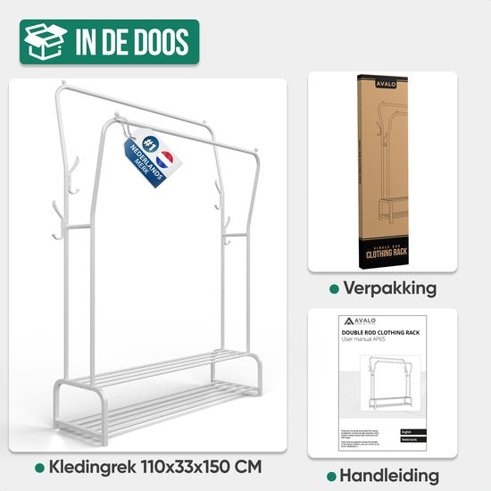 Avalo Rack à vêtements industriel Double Tige - Métal - 110x33x150 CM - Blanc - Rangement pour chaussures - Rack de penderie avec crochets