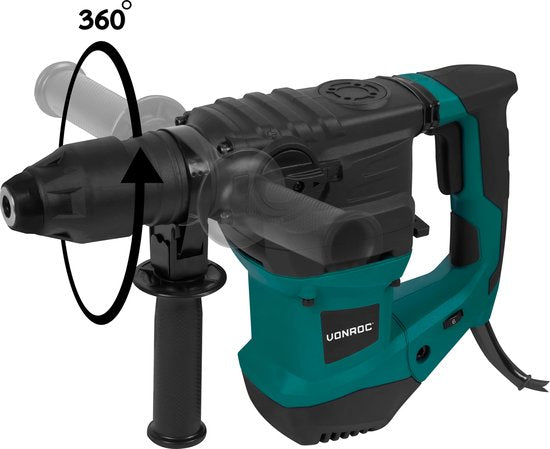 VONROC Marteau perforateur 1500W - 6 Joule - Vitesse réglable - SDS plus - 4 Fonctions - Inclut forets et burins