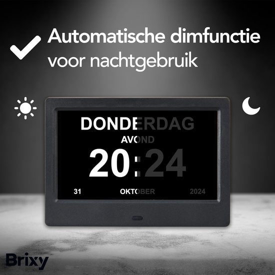 Brixy Dementia Clock - 24 fonctions d'alarme - télécommande incluse - fonction d'atténuation automatique - horloge calendrier - noir