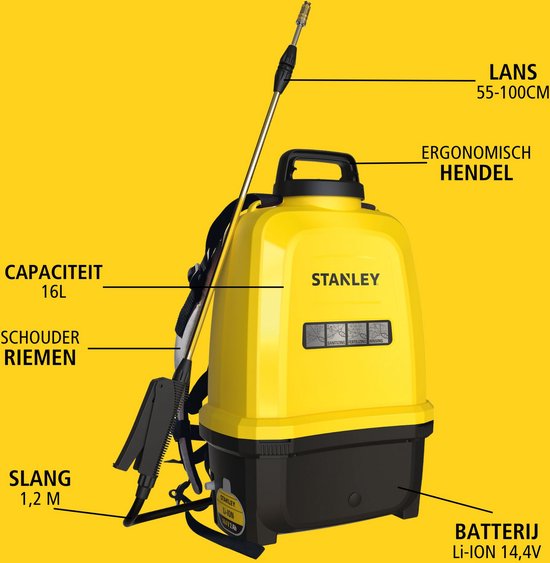 Stanley Pulvérisateur 16 L arrière, pulvérisateur arrière jardin, pulvérisateur à pression, électrique, batterie rechargeable lithium, lance télescopique, buse réglable, autonomie 2 h, max 5 bar, 0.60 l/minute, jaune/noir