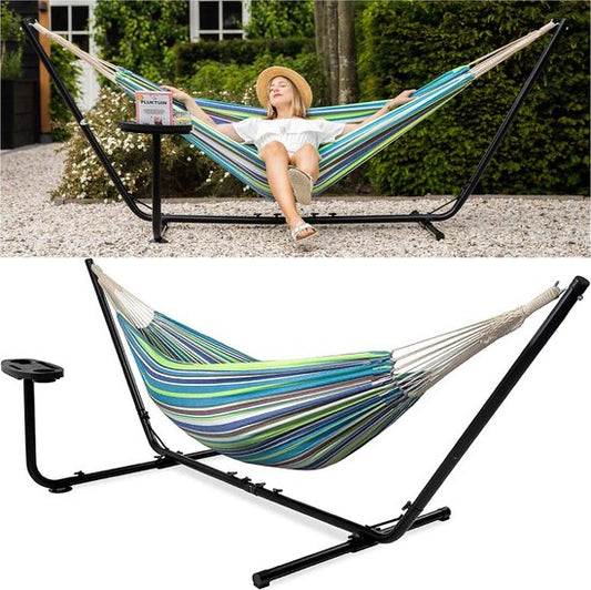Hamac Vita5 avec support - 2 personnes - Porte-gobelet inclus - 205kg de poids - Vert/Bleu