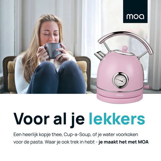 MOA Kettle Retro - 1,8 litre - Bouilloire électrique - Filtre anti-calcaire - sans BPA - acier inoxydable - 2200W - rose pastel
