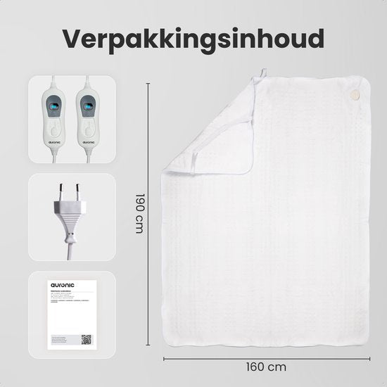 Couverture électrique Auronic XL - 190x160 cm - 2 personnes - drap-housse avec sangles élastiques - Couverture chauffante - Blanc