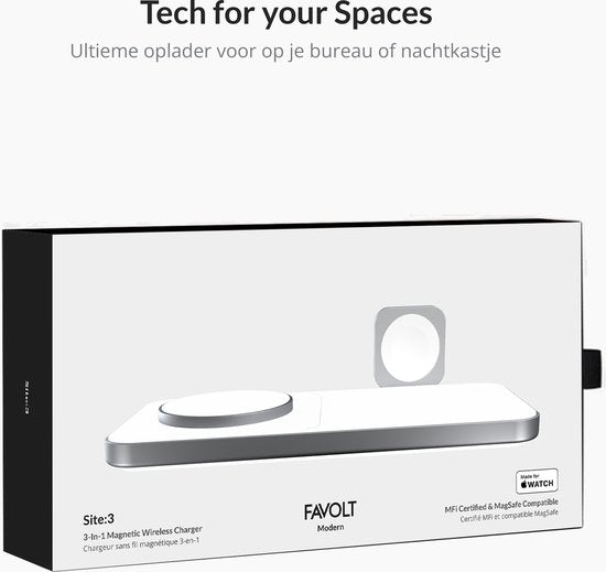 Favolt Site:3 Magsafe 3 in 1 Wireless Charger (MFi/QI) Magnetic Charging Station for iPhone Apple Watch AirPods Silver