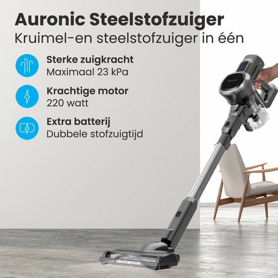 Auronic - Aspirateur-balai sans fil - 220 watts et 23 kpa de puissance d'aspiration - équipé d'une batterie supplémentaire et d'un filtre Hepa lavable - jusqu'à 100 minutes d'utilisation - plastique et métal gris