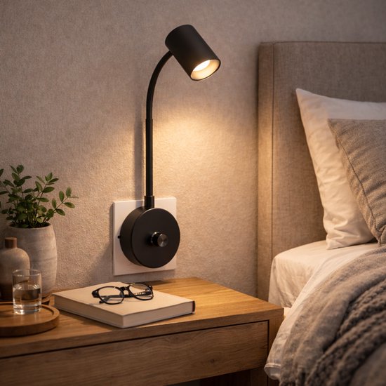 Smartwares IDE-60066 - Veilleuse blanc chaud dimmable - 2700-3000K - 200 Lumen - Col flexible - Directement dans la prise - Noir - Liseuse / Lumière d'ambiance