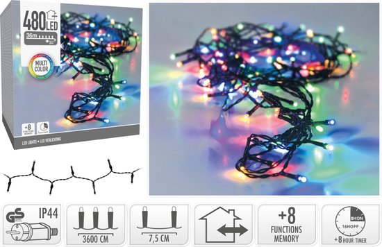 Lampe de Noël 480 LED- 36m - multicolore - Minuterie - Fonctions d'éclairage - Mémoire - Extérieur - Intérieur-IP44 plug-in