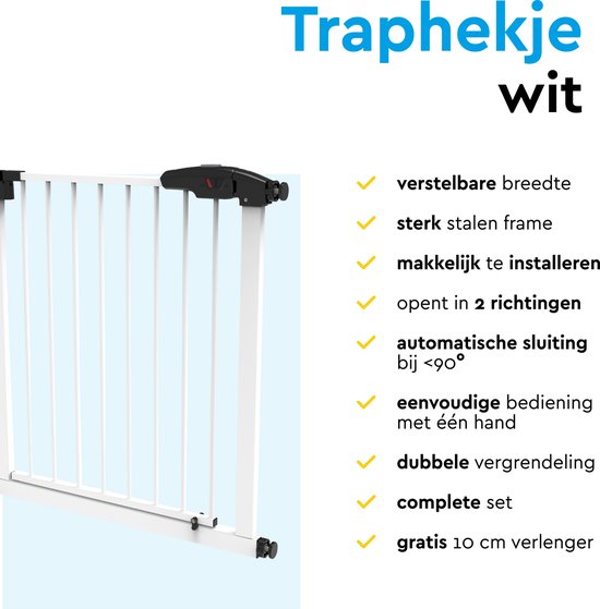 BRASQ Barrière d'escalier sans perçage - Barrière de sécurité - Barrière pour enfants avec extension 75 à 93 cm - Extensible - Fixation par pince - Métal - Barrière pour chiens - Blanc