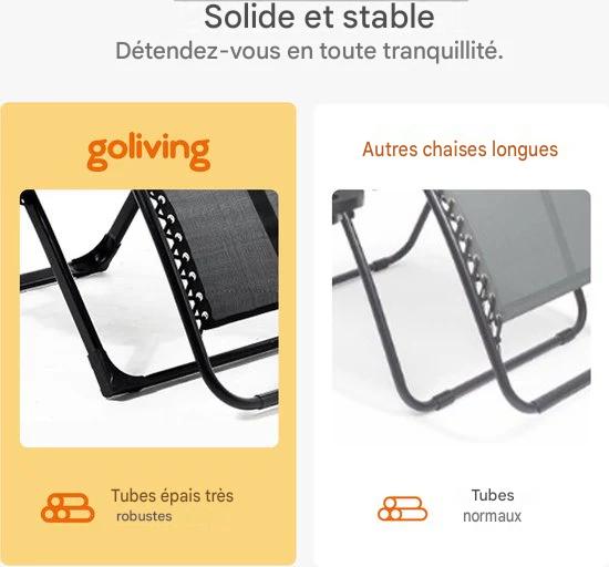 Chaise longue pliante Goliving - 3 pieds - 110 x 66 x 178 cm - Chaise de jardin réglable avec table - Chaise de camping pliante - Chaise longue d'extérieur - Chaise pliante de jardin - Noir