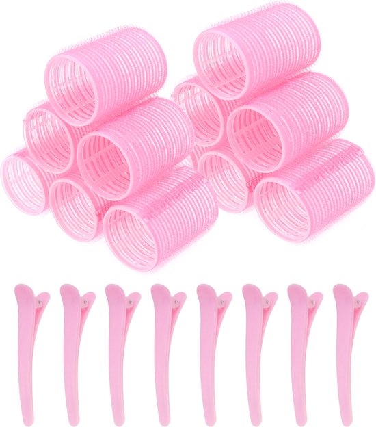 Rouleaux à cheveux pour boucles - Soft & Silky - 12 pack - 8 clips inclus - Autocollants - sans chaleur - Grandes - rose