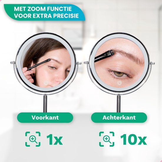 Mirlux Miroir de maquillage avec éclairage LED - lumière grossissante 10x - miroir de rasage petit sur pied - 3 niveaux d'éclairage - rechargeable - miroir grossissant chromé